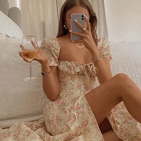 Floral dress puff sleeve summer flower slit long - Picture 9 of 11